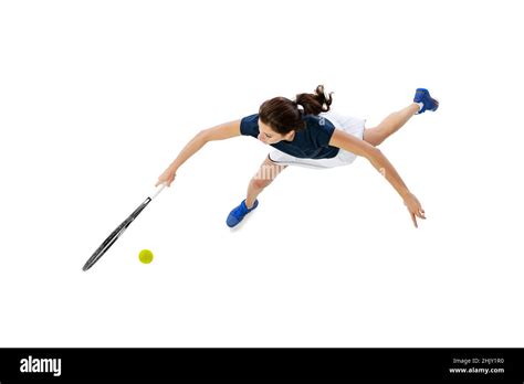 Aerial View Of Young Beautiful Girl Tennis Player In Sportswear