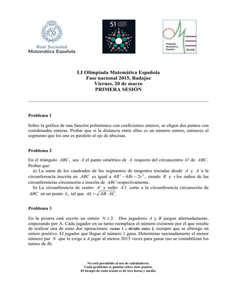 Li Olimpiada Matem Tica Espa Ola Fase Nacional Badajoz