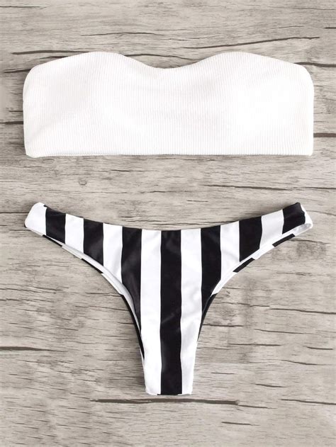 White Bandeau Top Swimsuit With Black Striped Cheeky Bikini Bottom