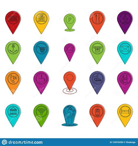 Map Pins Icon Set Color Outline Style Stock Illustration
