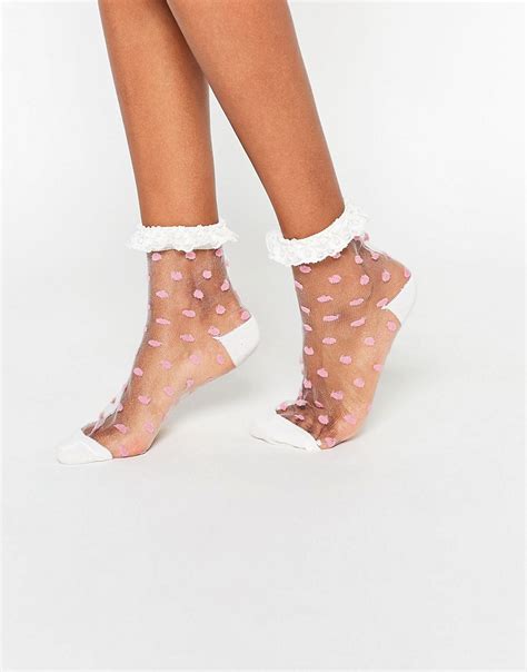 Asos Asos Sheer Polka Dot Ankle Socks With Lace Trim At Asos