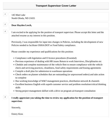 Transport Supervisor Cover Letter Velvet Jobs