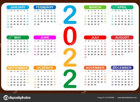 Calendário 2022 Anual Semana Começa Domingo Ilustração Vetorial Imagem