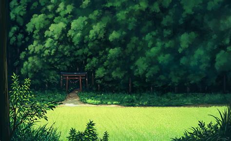 Hd Wallpaper Anime Landscape Forest Trees Grass Path Scenic
