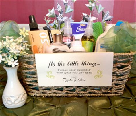 Please help yourself use what you need & leave the rest it may be useful for another guest compliments of the newlyweds includes sizes: Wedding Bathroom Basket | AllFreeDIYWeddings.com