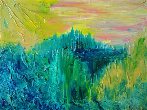 Dream Abstract Acrylic Painting Free Shipping Impasto Landscape 16 X 20 Green Forest Trees