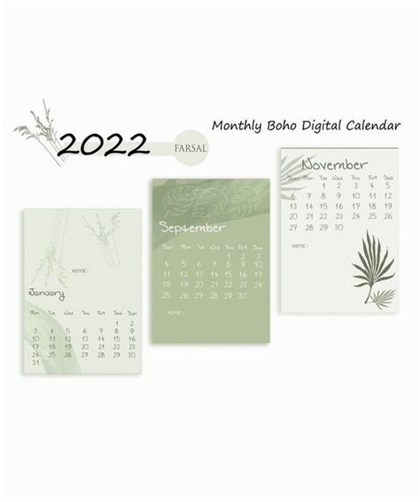 2022 2023 Monthly Calendar Printable Green Monthly Etsy Calendar
