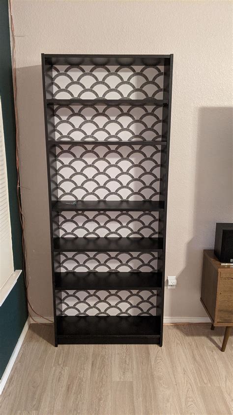 Painted Billy Bookcase Black And Added Wallpaper To The Backing Very