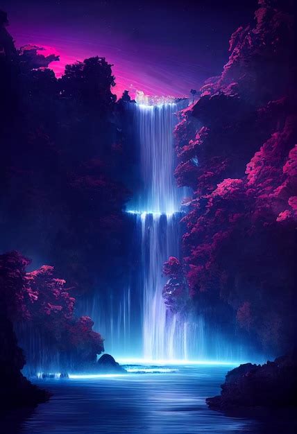 Premium Photo Fantasy Of Neon Waterfall In Deep Forest Glowing