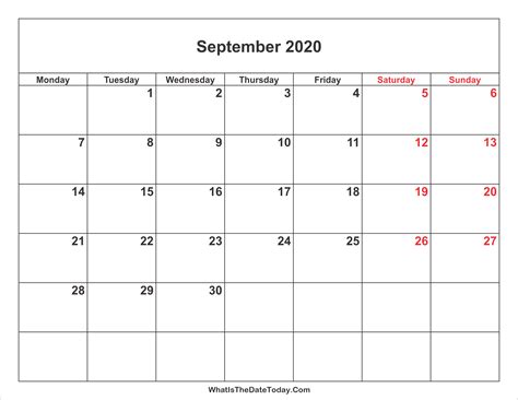 September 2020 Calendar With Weekend Highlight Whatisthedatetodaycom
