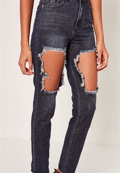 Lyst Missguided Blue Riot High Rise Open Thigh Rip Mom Jeans In Blue