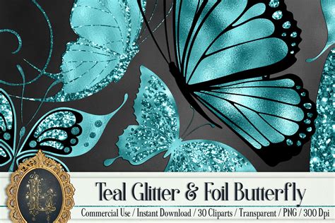 30 Teal Glitter Foil Wedding Butterfly Digital Images
