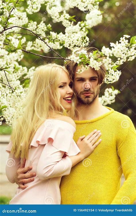 Love Tenderness Beautiful Couple In Love In Blossom Spring Garden