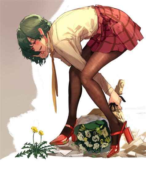 safebooru 1girl d bangs bent over blush bouquet brown legwear commentary request flower full