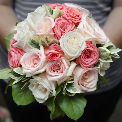 Blush And Cream Rose Bridal Bouquet With Coral Spray Roses And Greenery