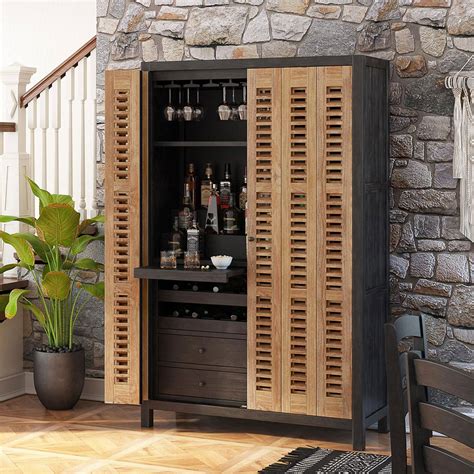 Belluno Solid Wood Tall Rustic Two Tone Bar Cabinet With Z Fold Doors