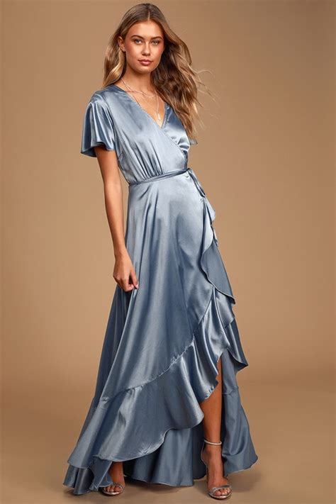 Lovely Dusty Blue Dress Maxi Dress Wrap Dress Ruffled Dress Lulus