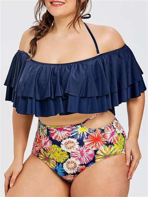 Tier Flounce Print Plus Size Halter Bikini In Bikinis Floral Bikini Floral Bikini Set