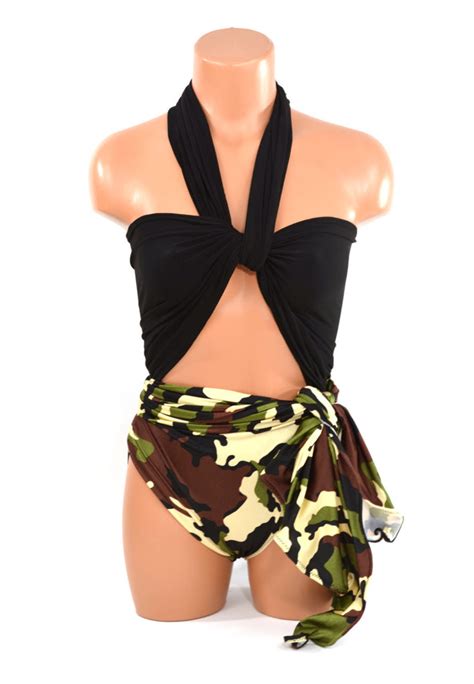 Medium Bathing Suit Wrap Around Swimsuit Camouflage W Classic Black A Hisopal Art~swimwear