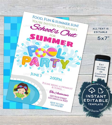 Schools Out For Summer Pool Party Invitation Editable End Of School P