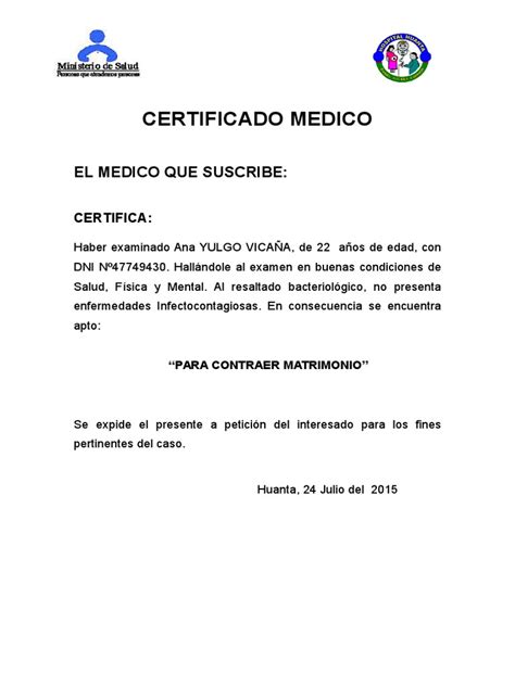 Certificado Medico Hospital Enfermería