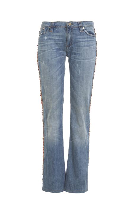 Roberto Cavalli Blue Denim Jeans With Coral And Gold Beaded Applique