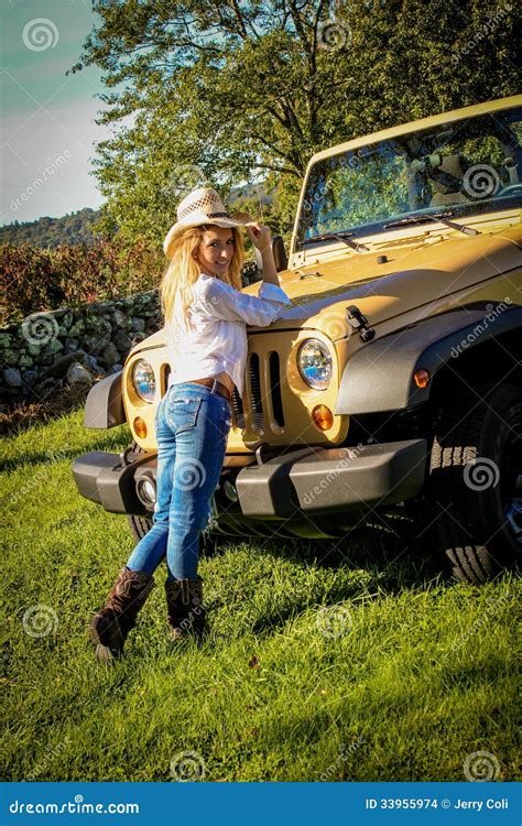 Blonde Model Resting On A Vehicle Stock Photo Image Of Pretty Model