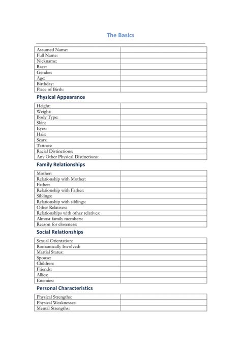 Character profile sheet template in Word and Pdf formats
