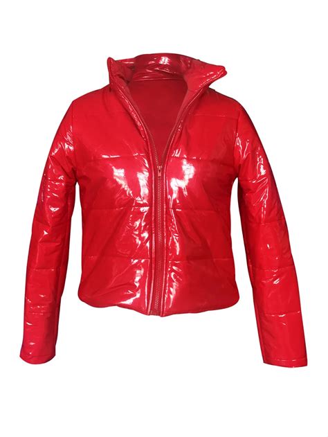 fashion winter patent leather bubble coat women plus size red zipper waterproof latex puffer