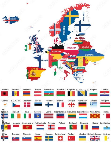 Europe Map Mixed With Countries National Flags All European Flags