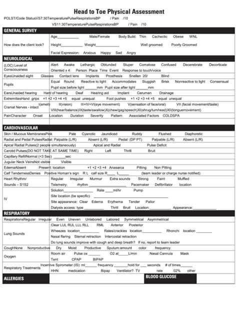 Head To Toe Physical Assessment Form Printable Pdf Download