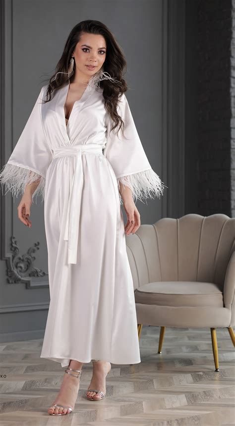 Long Bridal Robes Feather Robe Longwhite Boudoir Robekimono Etsy