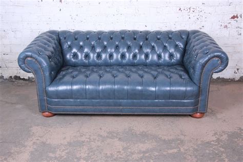 Vintage Tufted Blue Leather Chesterfield Sofa At 1stdibs