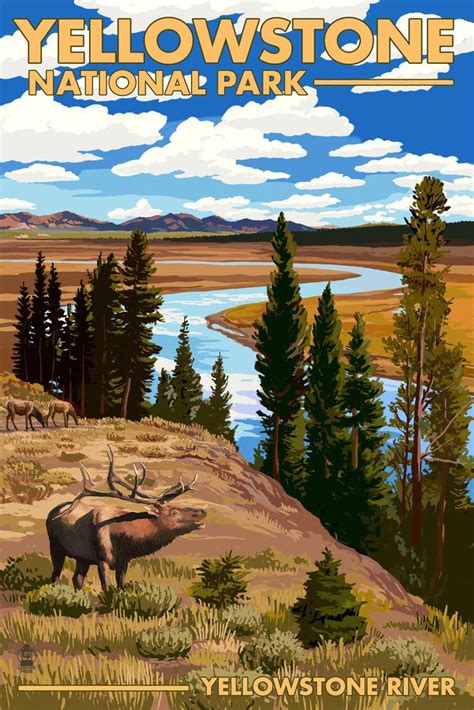 Print Yellowstone National Park Wyoming Yellowstone River And Elk
