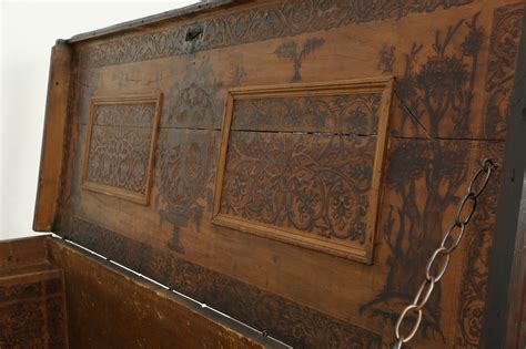Italian Austrian Antique Pyrographic Burnt Wood Cassone Dowry Chest Trunk