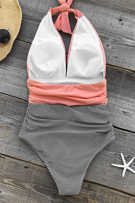 Cupshe Womens Stripe Halter One Piece Swimsuit Keeping You Pink Size