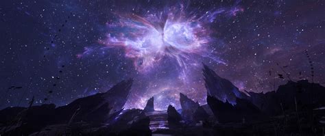Download Cosmos Starry Night Cliffs Landscape Art 2560x1080
