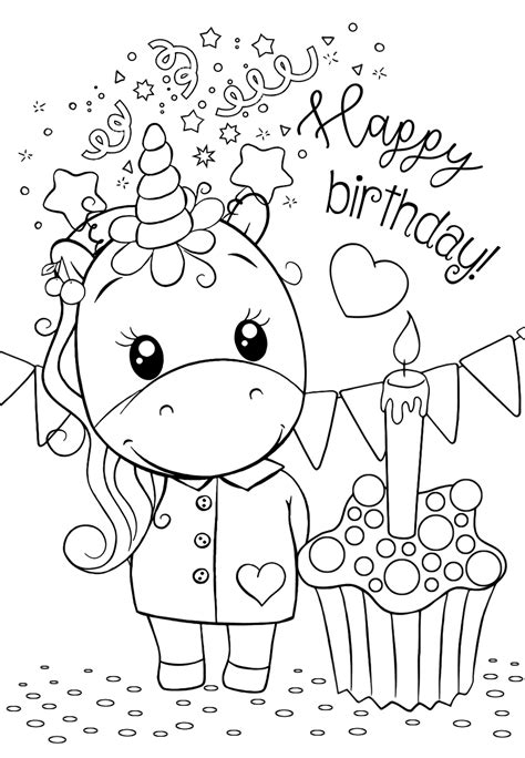 Happy birth day coloring pages are popular among kids from all age groups, making it an excellent gift for your little one on their special day. Unicorn happy birthday - Coloring pages for you
