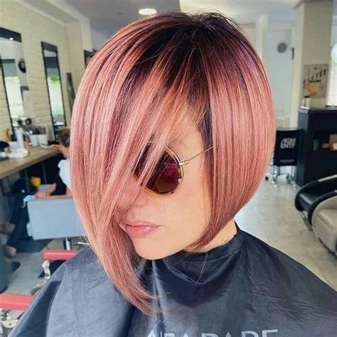 Chic Asymmetrical Bob With Rosy Brown Color And Highlights Artofit