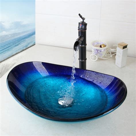 Bathroom Countertop Blue Tempered Glass Wash Basinsink And Mixer Tap