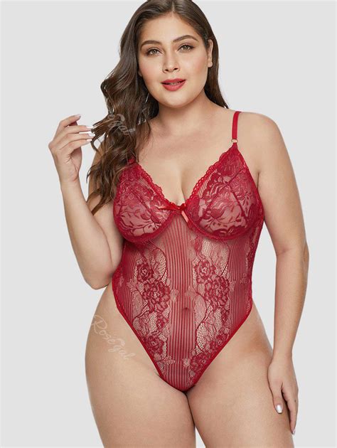 41 OFF See Through Plus Size Lace Teddy Rosegal
