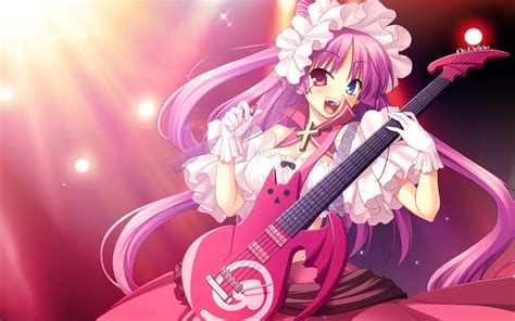 Purple Haired Female Anime Character Holding Guitar Hd Wallpaper
