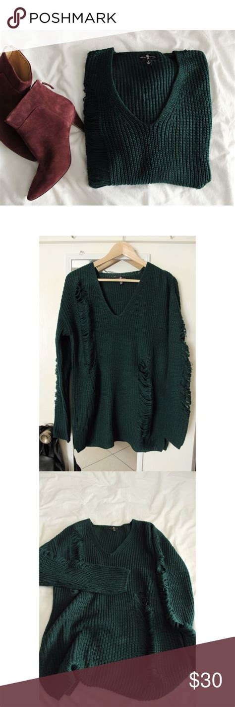 Emerald Green Knit Chunky Ripped Sweater V Neck Ripped Sweater