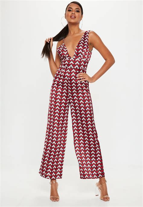 Missguided Red Geo Print Asymmetric Jumpsuit Jumpsuits For Women