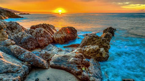 Sunset, Rocks, Sea, Beach Background Hd 08523 ...