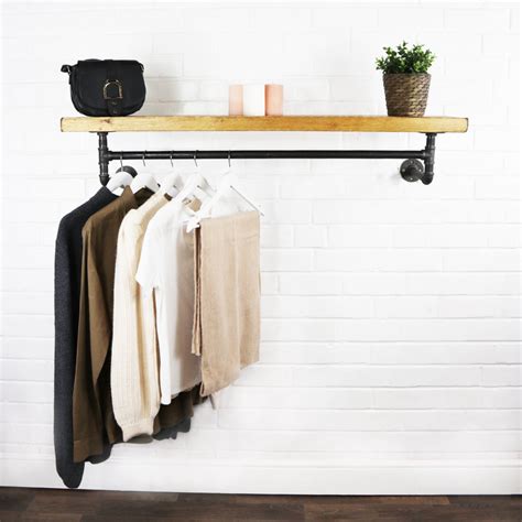 Wall Mounted Clothes Rail With Floating Shelf Industrial Raw Steel