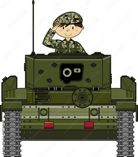 Cute Cartoon Army Soldier Saluting In Tank Stock Vector Adobe Stock