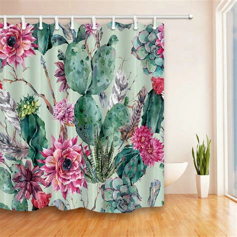 Green Cactus Flower Plant Theme Polyester Fabric Shower Curtain