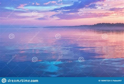 Misty Lilac Sunset Seascape With Sky Reflection Stock Photo Image Of