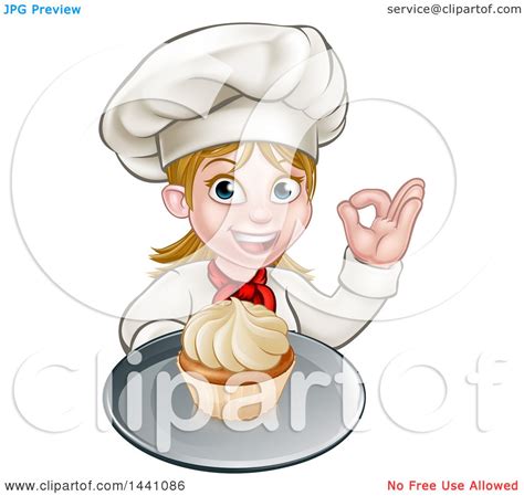 Clipart Of A Cartoon Happy White Female Chef Baker Gesturing Ok And Holding A Cupcake On A Tray